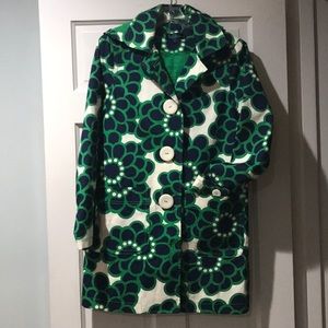 Boden sz 8 rain slicker. Navy, green & cream print
